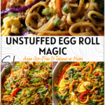Close-up of Unstuffed Egg Roll Bowl with noodles, pork, and colorful vegetables in a white dish